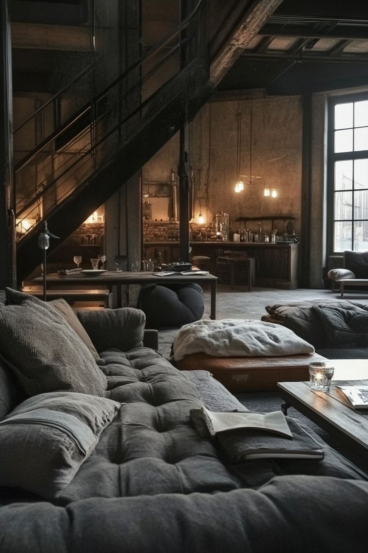 a living room filled with lots of furniture next to a stair case in the wall