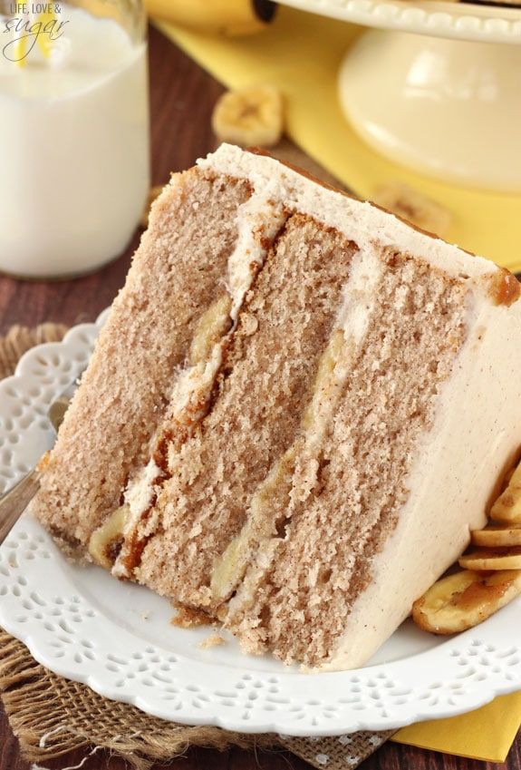 a close up of a slice of cake on a plate with bananas and milk in the background