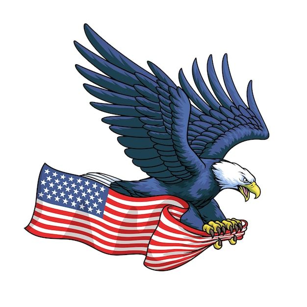 an eagle flying with the american flag on it's tail and taloning its claws