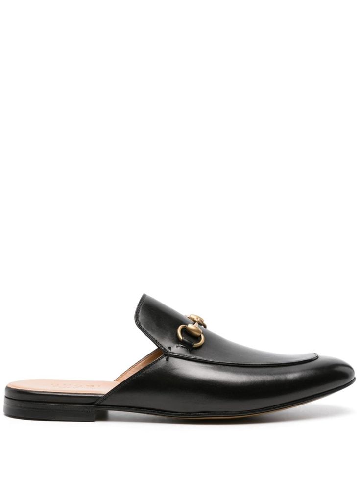 black calf leather signature Horsebit detail slip-on style almond toe leather lining branded footbed flat sole stacked heel Gucci Mule, Gucci Princetown, Gucci Horsebit, Leather Slippers, Iconic Bags, Boot Pumps, Gucci Mules, Leather Mules, Gucci Black