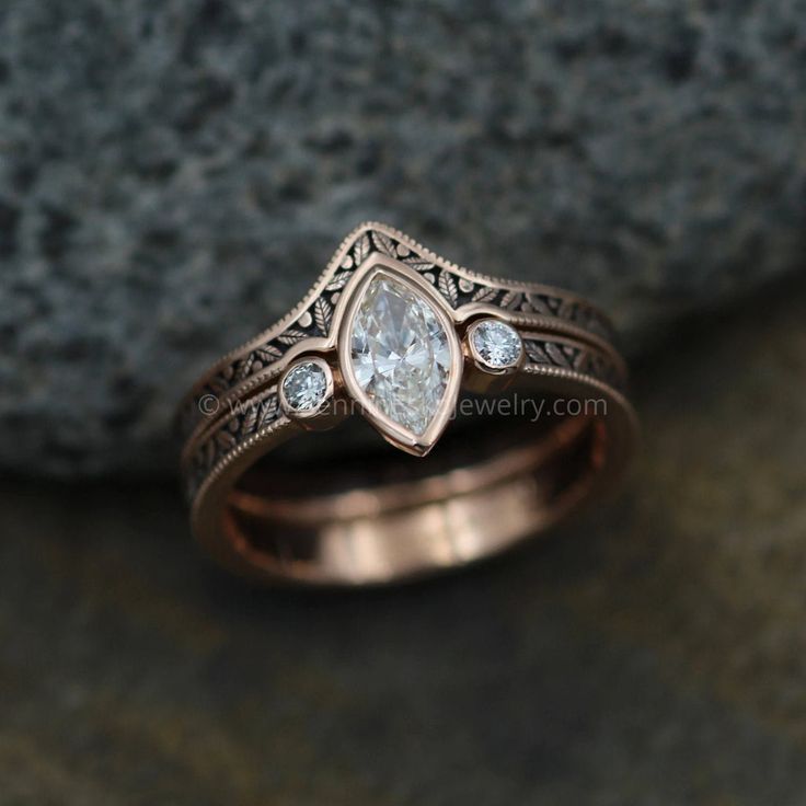 Diamond Rose Gold Hand Made Vintage Engagement Ring Set - Marquise Ring - Leaf Vintage Engagement Ring Settings, Ring Rosegold, Leaf Engagement Ring, Antique Engagement Ring, Marquise Ring, Vintage Engagement Ring, Engagement Rings Marquise, Dream Engagement Rings, Gold Hand