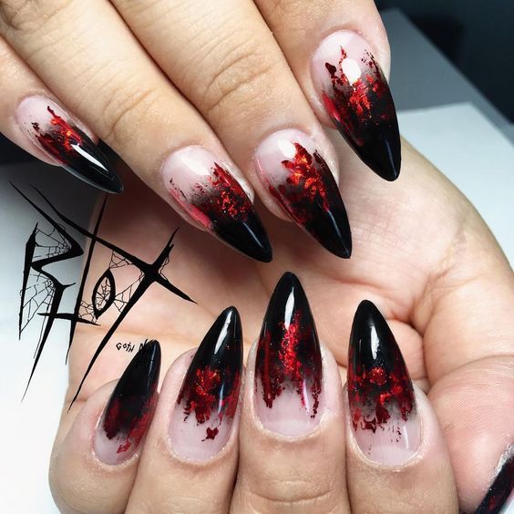 Black Goth Nail Designs, Gothic Bride Nails, Gothic Inspired Nails, Dark Gothic Nails, Black And Red Cat Eye Nails, Goth Red Nails, Gothic Summer Nails, Gothic Nails Acrylic, Simple Gothic Nails