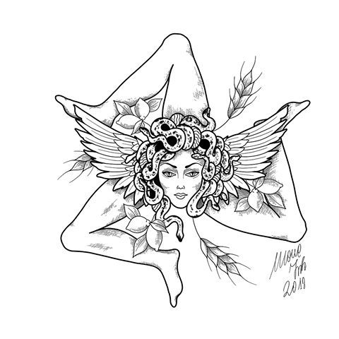 a drawing of a woman with wings and flowers on her head, in black and white