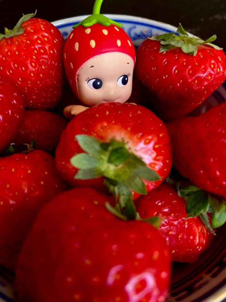 a bowl full of strawberries with a doll in the middle