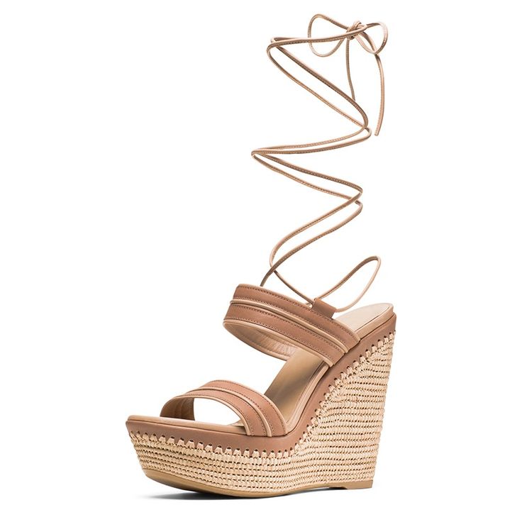 Elevate your style with these Tan Strappy Platform Heels. Perfect for summer, these open-toe wedge sandals offer both fashion and comfort, ideal for any warm-weather ensemble. Color: Tan Heel Type: Wedge heel Heel Height: 6.3" / 160 mm approx Product measurements were taken using size 8. Please note that measurements may vary by size. Toe: Open toe With platform Ankle lace-up design Handcrafted US sizing. Fits true to size. Summer Wedge Sandals, Strappy Platform Heels, Strappy Wedge Sandals, Custom Boots, Platform Wedge Heels, Sandal Shoes, Killer Heels, Tan Heels, Strappy Wedges