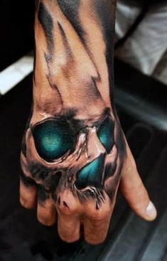 a man's hand with a skull on it and green eyes painted on it