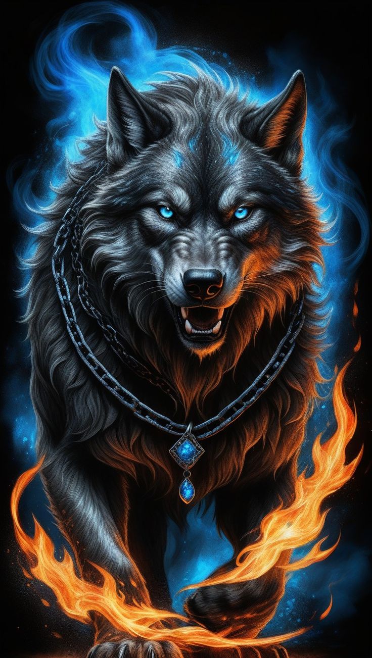 a wolf with blue eyes and chains on it's neck sitting in front of flames