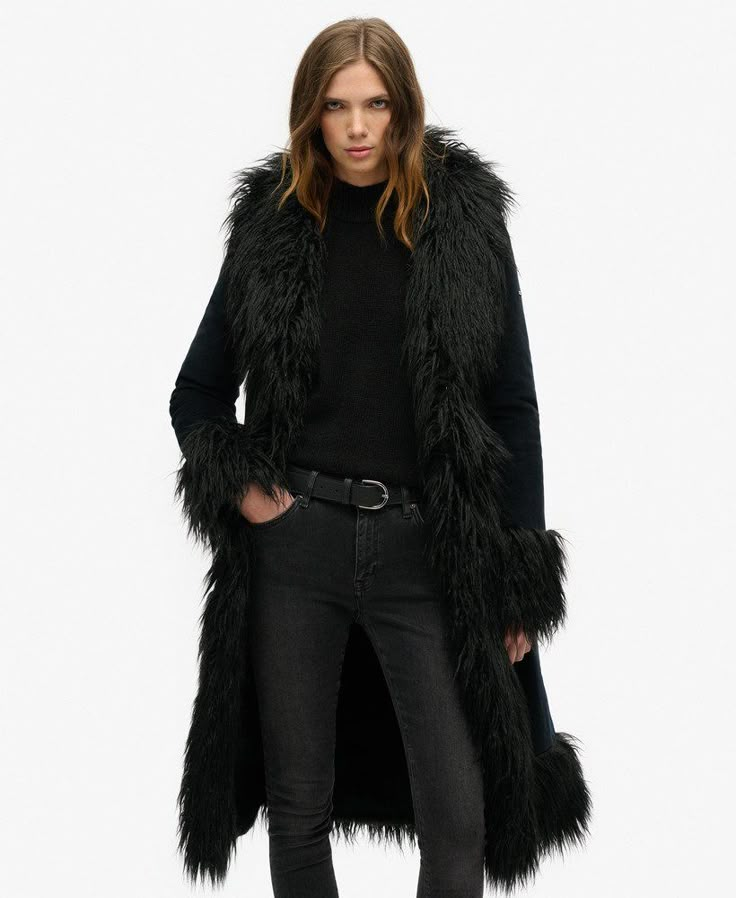 Superdry Faux Fur Lined Longline Afghan Coat - Women's Womens Jackets Outfit Vaqueros, Faux Fur Trim Coat, Afghan Coat, Boho Mode, Long Black Coat, Superdry Women, Womens Jackets, Fashion Suits, Corduroy Fabric