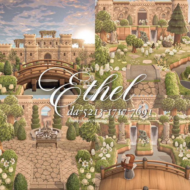 an artistic rendering of a castle and garden with the words cthl in white letters