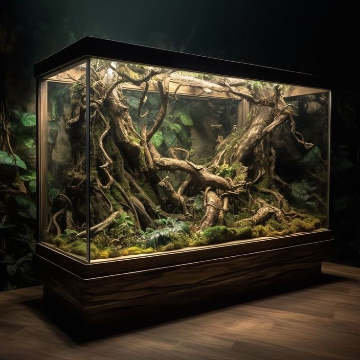 an aquarium filled with lots of green plants and trees in the middle of a dark room