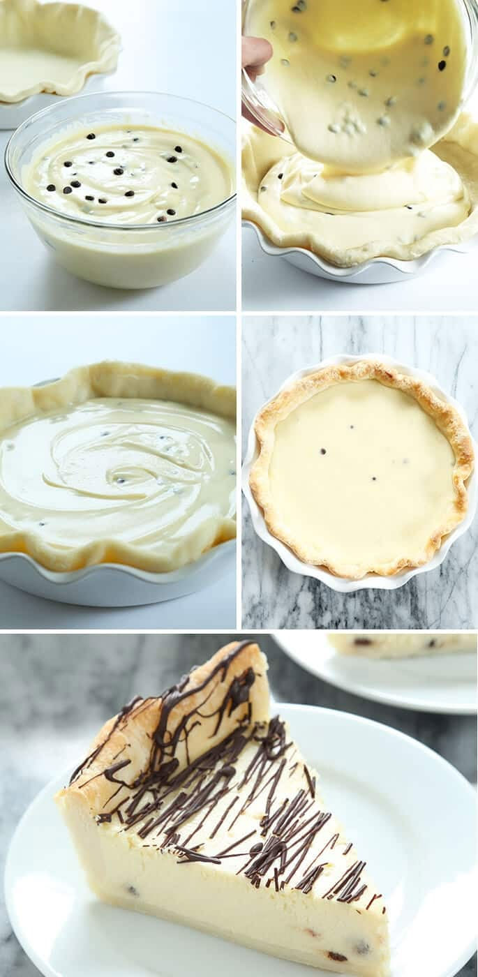 four different views of pies with chocolate drizzled on the top and bottom