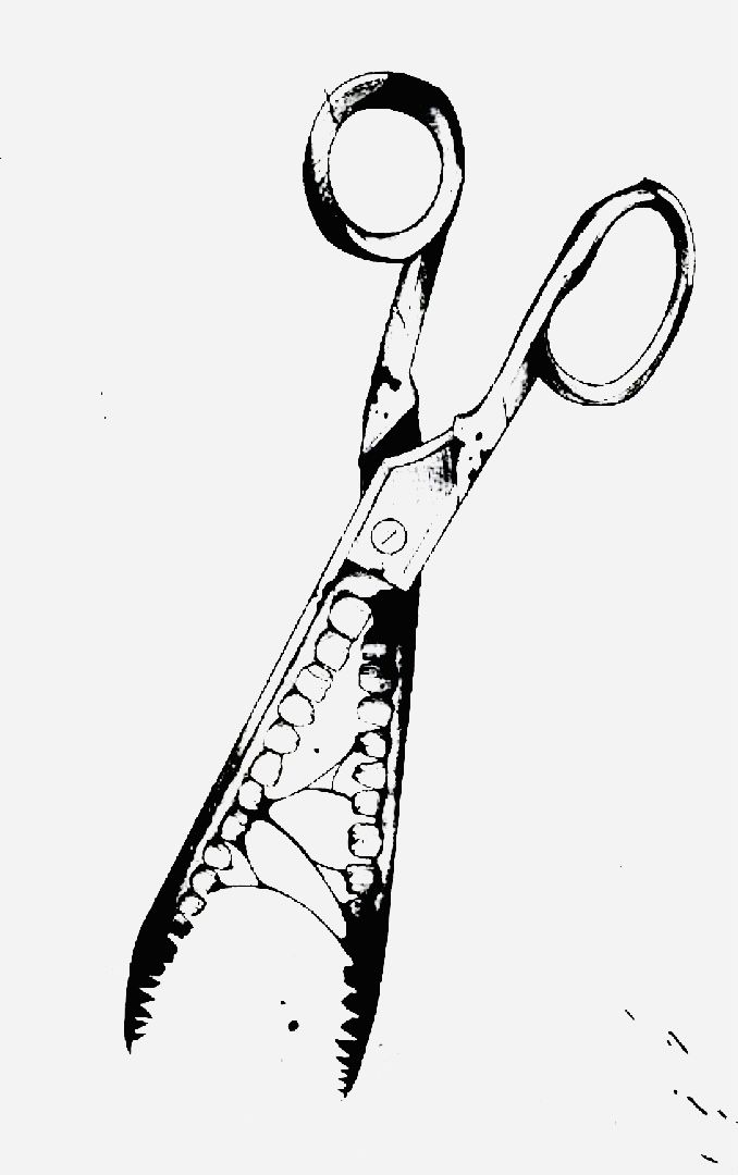 a black and white drawing of a pair of scissors