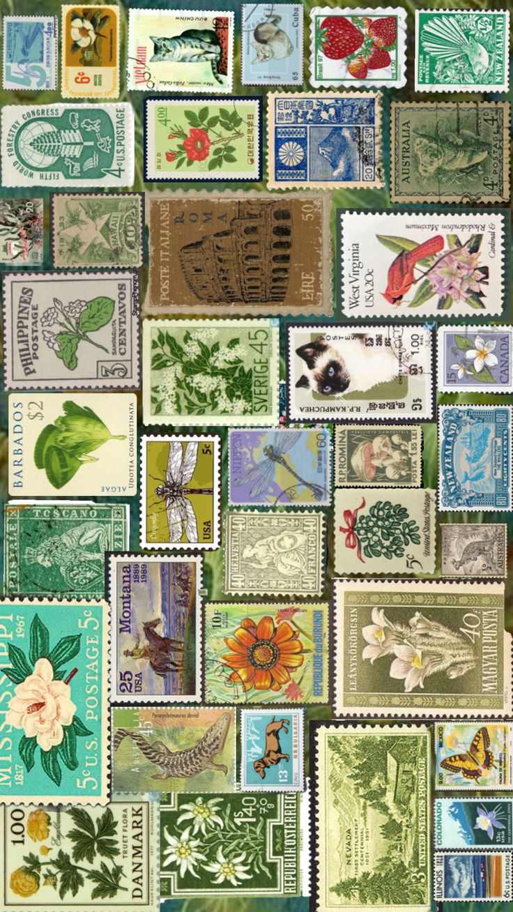 many different postage stamps are arranged together