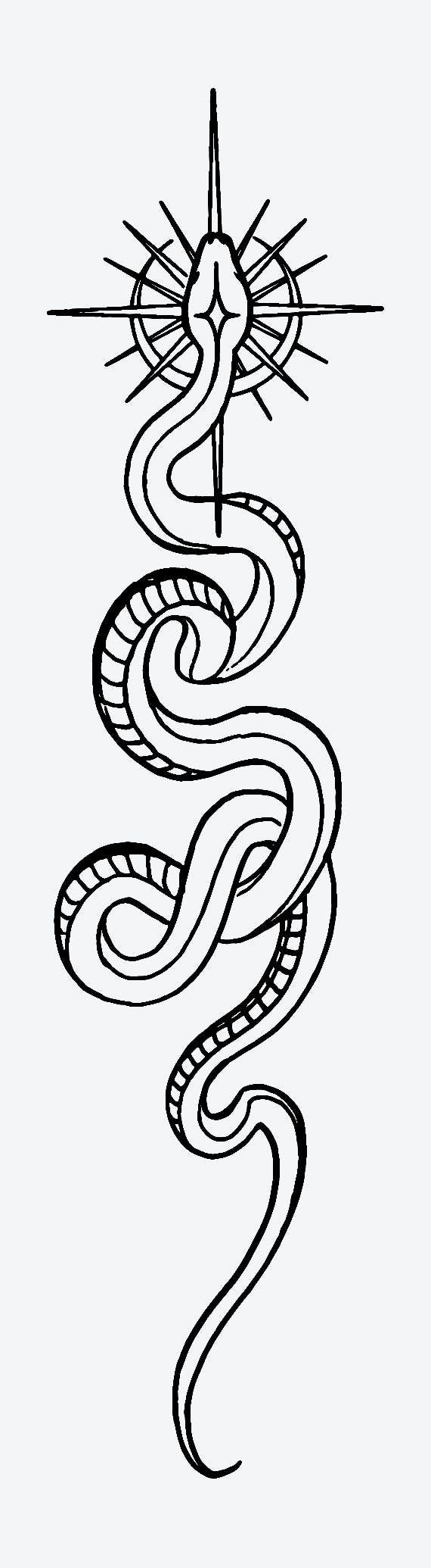 a black and white drawing of a snake with an arrow in it's mouth