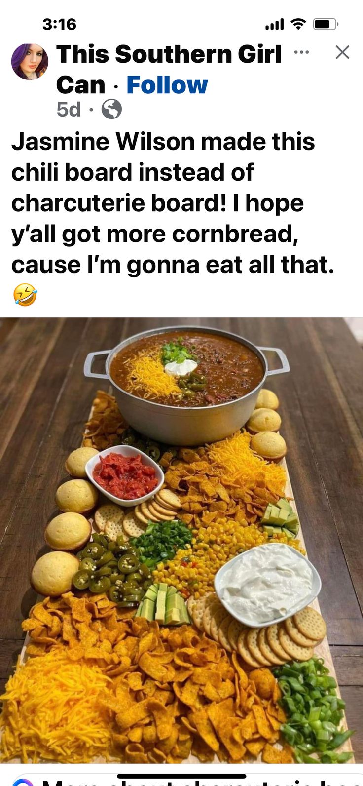 a table with chips and dips on it that says, this southern girl can follow jasmine wilson made this chili board instead of charlotte board