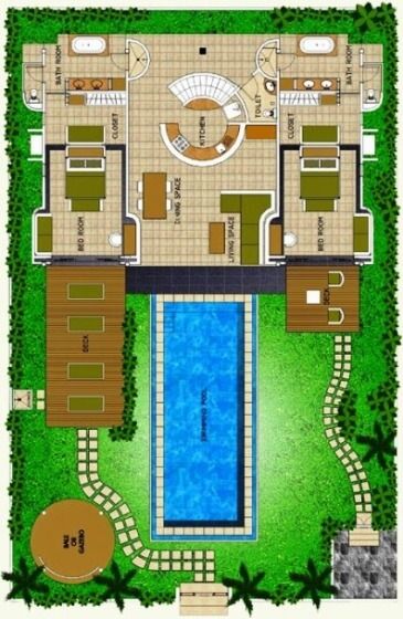 an aerial view of a house with a swimming pool