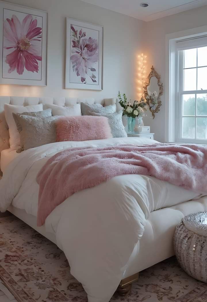 a bed with pink and white pillows in a bedroom next to a large window that has pictures on the wall above it