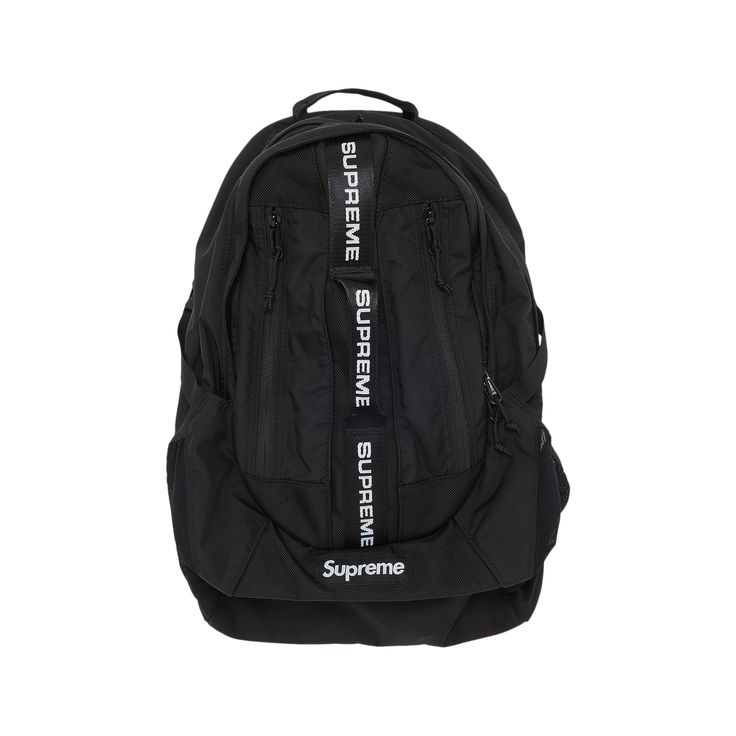 Find SUPREME Backpack on Editorialist. This Supreme backpack from FW22 features a logo-embroidered webbing strap down the front that complements a fixed logo detail. Rendered in black, it features a spacious central compartment as well as additional zipper pockets for easy organization. Luxury Black Bags With Logo Patch, Black Rectangular Bag With Logo Patch, Functional Black Bag With Logo Patch, Black Bags With Logo Patch For Daily Use, Sporty Logo Bags For Streetwear, Modern Travel Backpack With Logo, Black Travel Bag With Logo Patch, Black Streetwear Bag With Logo Patch, Rectangular Travel Backpack With Logo