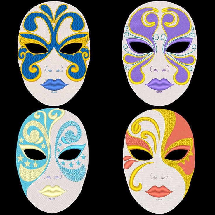 four masks with different colors and designs on them