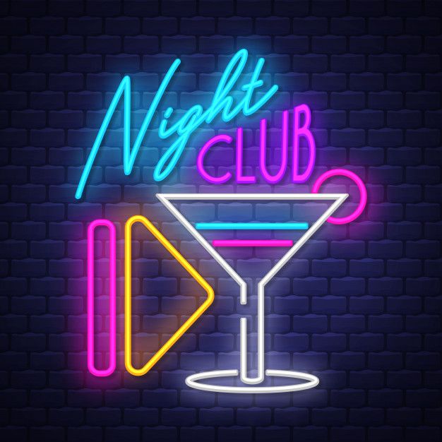 a neon sign that says night club next to a martini glass with a drink in it