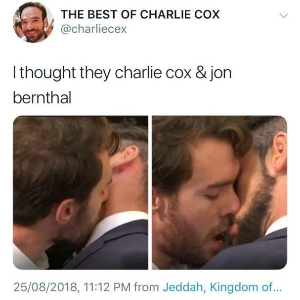 two men kissing each other in front of a tweet that reads, the best of charlie cox i thought they charie cox & jon bennhal