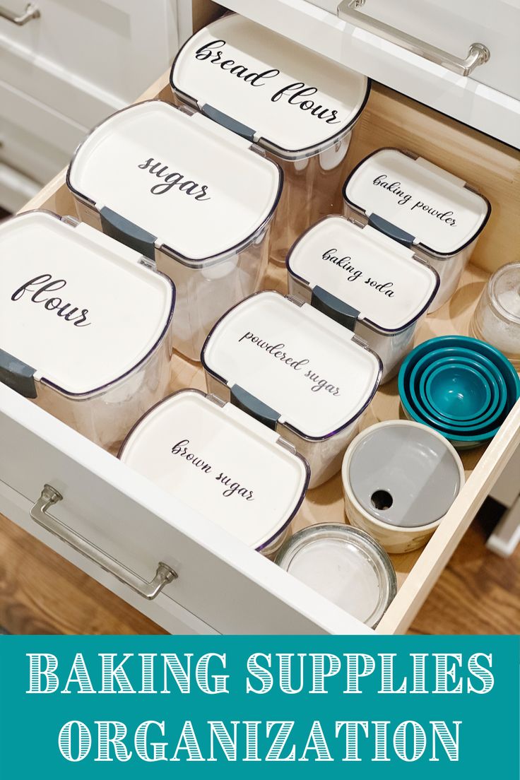 an organized kitchen drawer with the words baking supplies organization on it