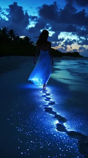 a woman walking on the beach at night