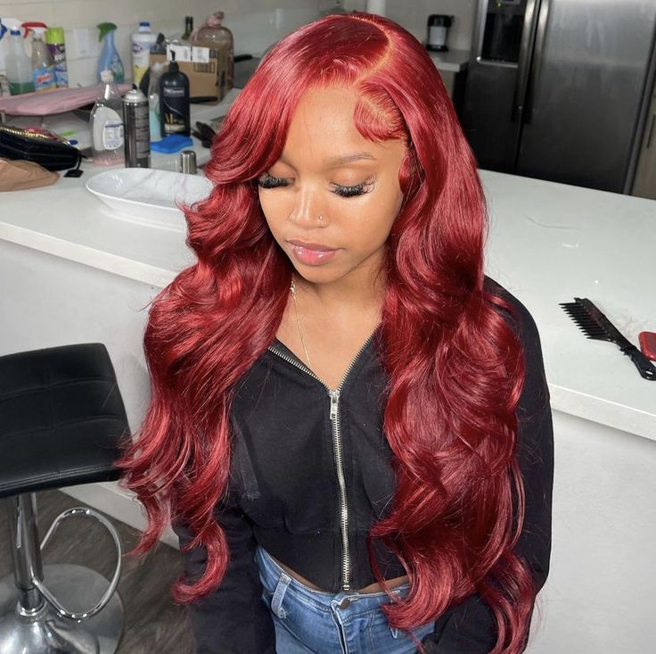 Red Curly Hair Black Women Wigs, Burgundy Lace Front Wig Black Women, Red Lace Front Wigs Black Women, Red Side Part Wig, Miraculous Hairstyles, Burgundy Hair Dye, Red Weave Hairstyles, Vibrant Red Hair, Red Wig