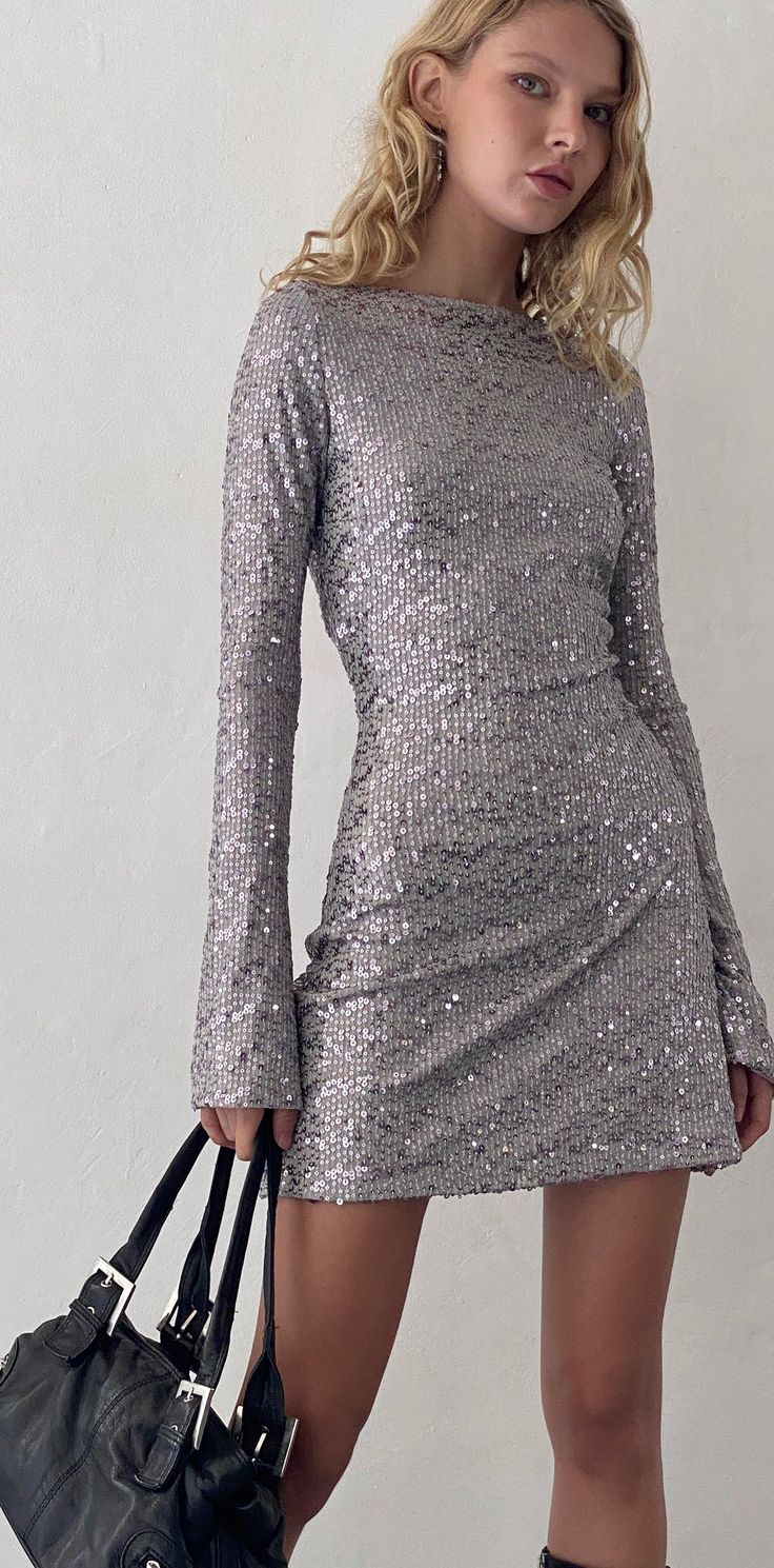 Silver Sequin Open Back Mini Dress | Kimberly – motelrocks-com-us Sparkle Dress Short Sleeves, Black Sparkly Pencil Dress, Sequins Dress Holiday, One Sleeve Dress Sequin, Nye Dress Lulus, Sequin Party Dress Bodycon, Silver Party Dress Bodycon, Windsor Nye Dress, Holiday Party Dresses Silver