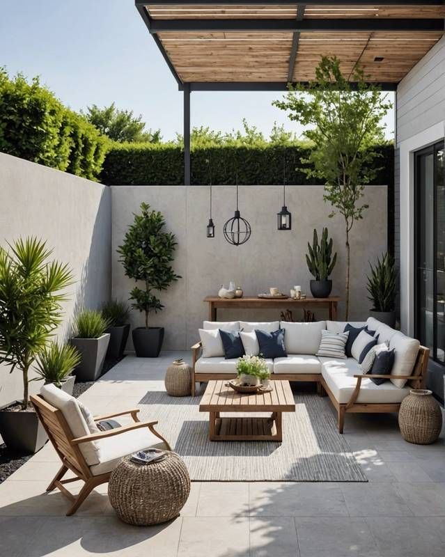 an outdoor living area with couches, tables and potted plants