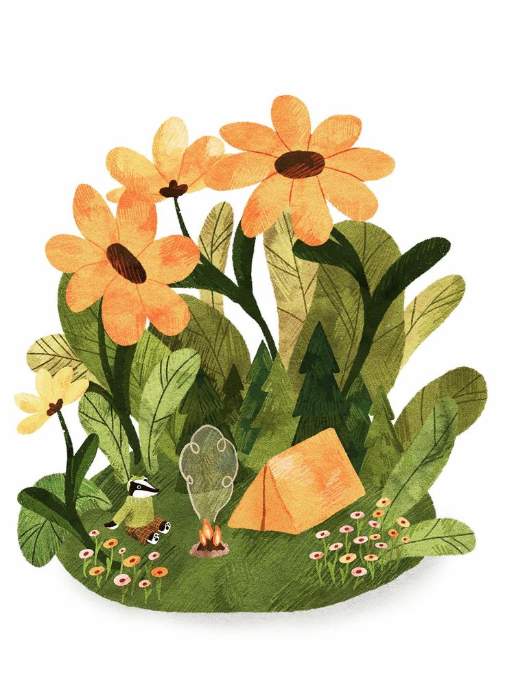 an illustration of flowers and a tent in the grass