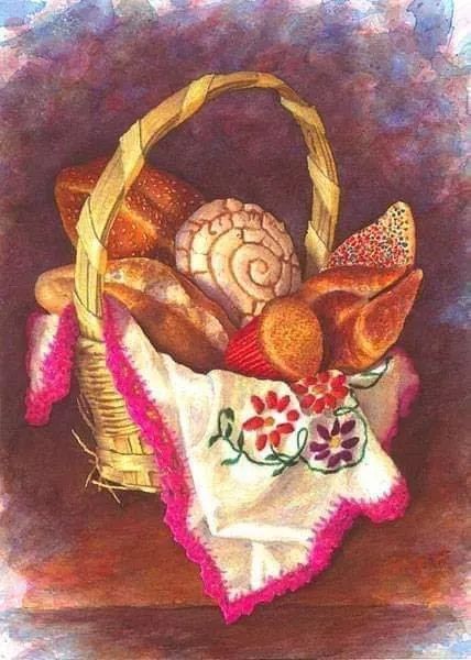 a painting of bread in a basket