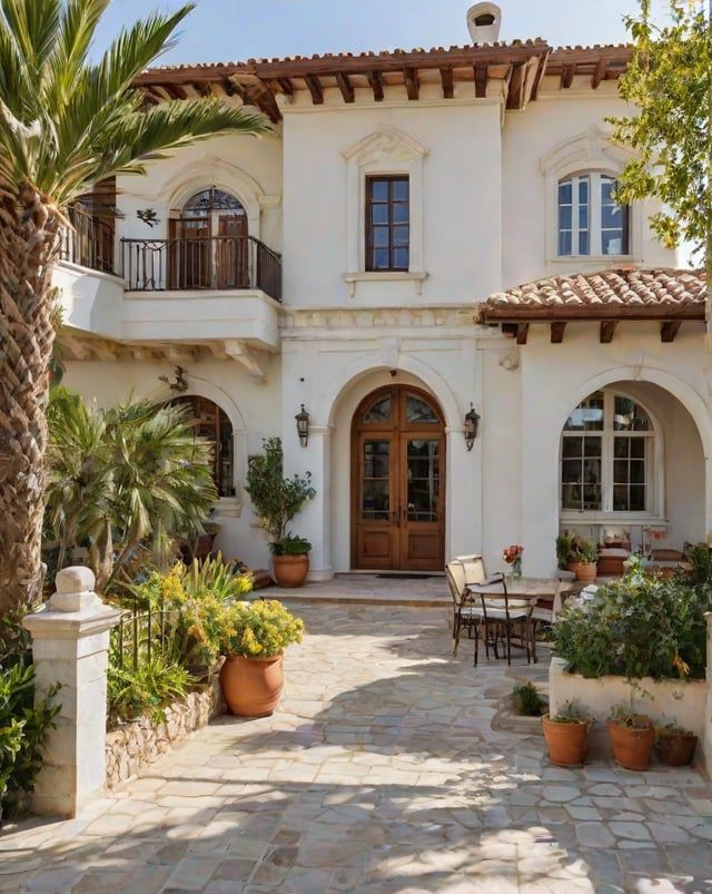 a large white house with potted plants and palm trees