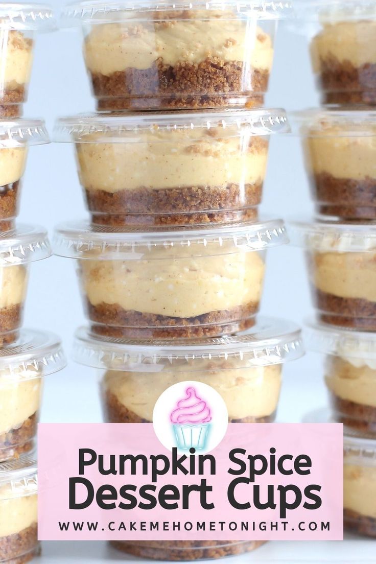 pumpkin spice dessert cups with frosting and sprinkles in clear plastic containers