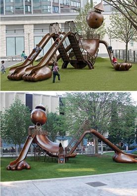 two pictures of children playing in the park and on the playground, one has an upside down slide