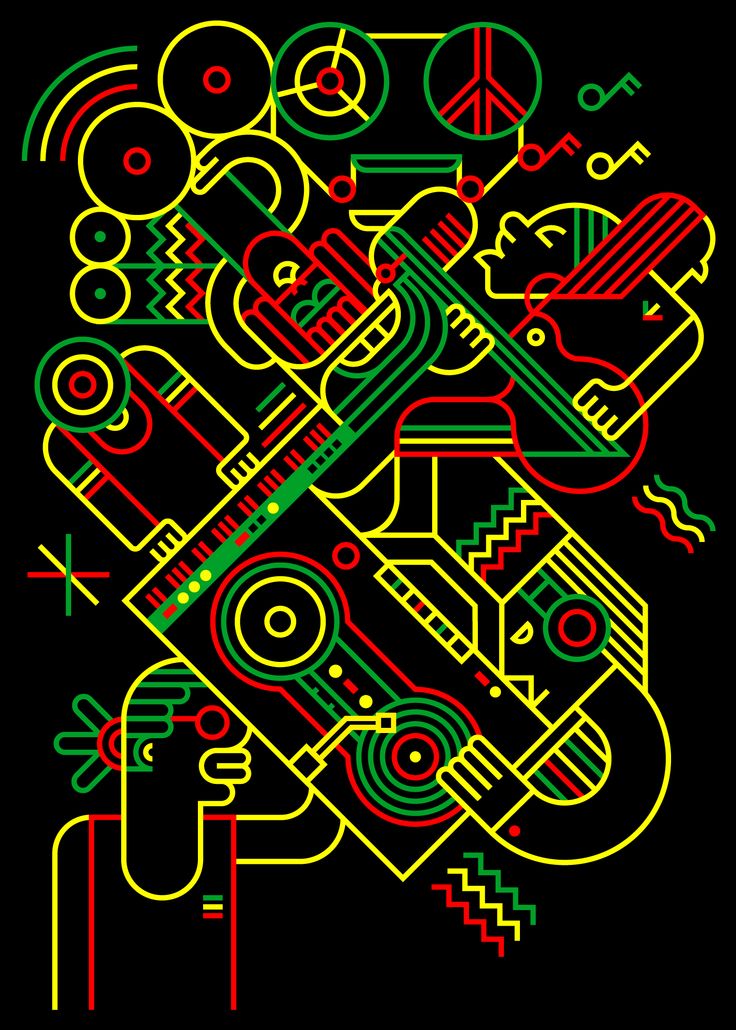 a black background with neon colored lines and abstract shapes in the shape of music instruments