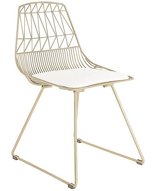 a white chair with metal legs and a seat cushion on the back, against a white background