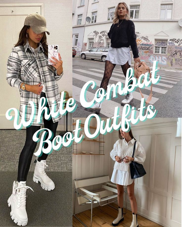 All White Combat Boots Outfit, Combat Boots Concert Outfit, Khaki Combat Boots Outfit, White Combat Boots With Dress, Winter Outfit White Boots, Silver Combat Boots Outfit, White And Black Boots Outfit, White Flat Boots Outfit, Lace Up White Boots Outfit