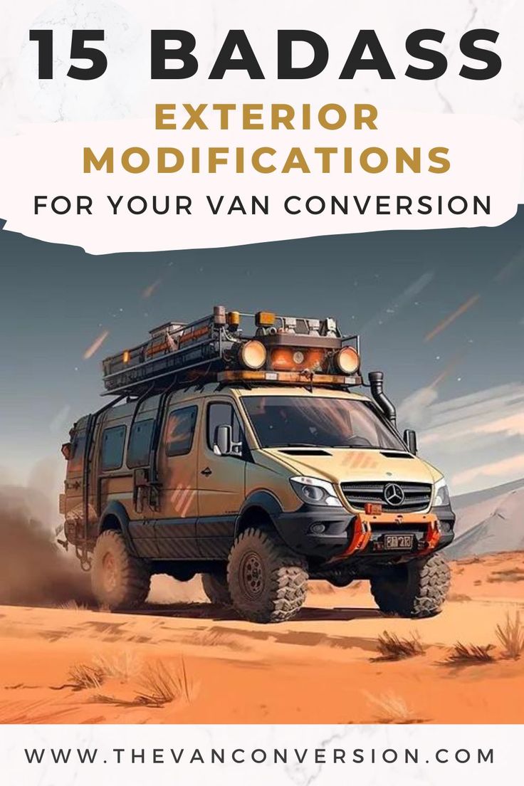 15 Badass Exterior Modifications for Your Van Conversion by Shane from TheVanConversion.com | Learn to build your own campervan. Surviving a zombie apocalypse can be hard. These exterior van mods will help you survive. Read more. van life exterior ideas, badass van modifications, van exterior transformation, off-road van accessories, rugged van upgrades, adventure van exterior, custom van exteriors, an life exterior hacks, van exterior styling, unique van exterior ideas Adventure Van Interior, Sprinter Van Accessories, Zombie Apocalypse Van, Off Road Van, Van Life Exterior, Luxury Van Life, Survival Van, Vanlife Design, Campervan Exterior