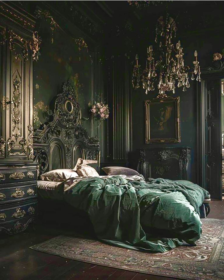 an ornate bedroom with green bedding, chandelier and large mirror on the wall