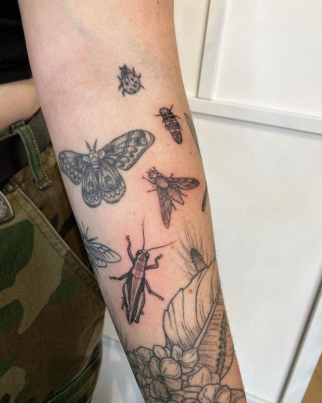 a person with a tattoo on their arm and some bugs in the air above them