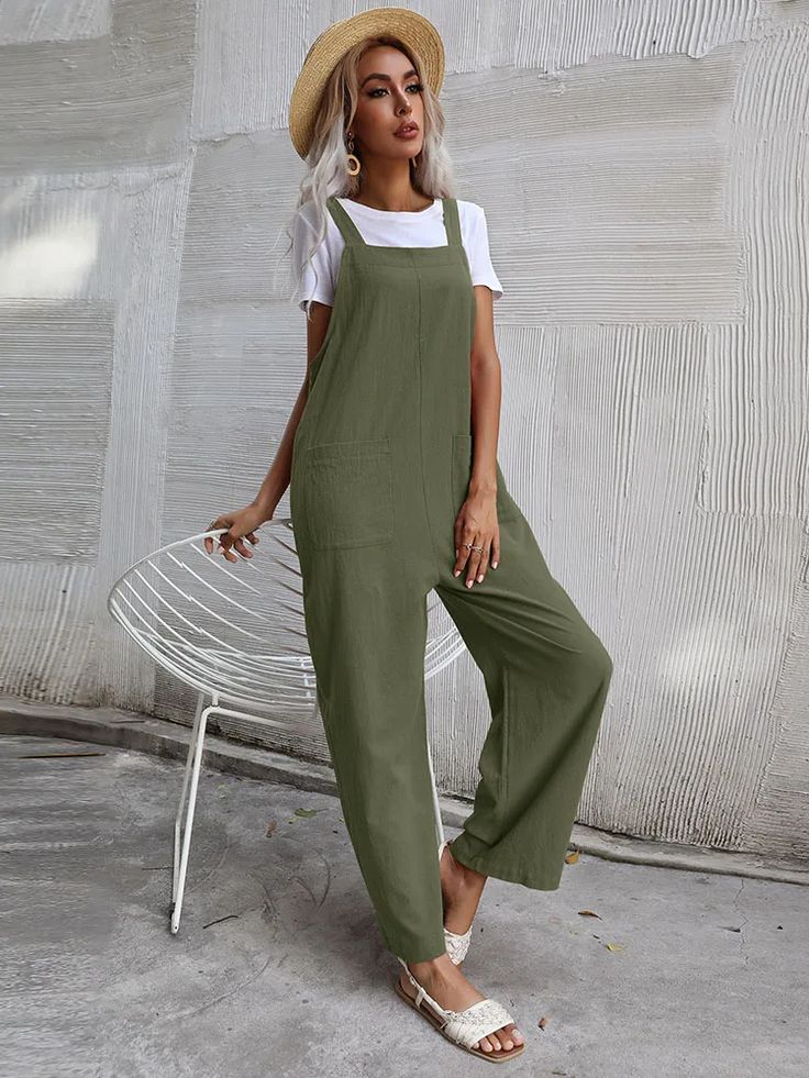 Solid Colour Long Sleeveless Jumpsuit Overalls Jumpsuit, Linen Overalls, Womens Jumpsuits Casual, Strap Pants, Lazy Style, Jumpsuit Casual, Solid Color Jumpsuits, Loose Jumpsuit, Jumpsuit Summer