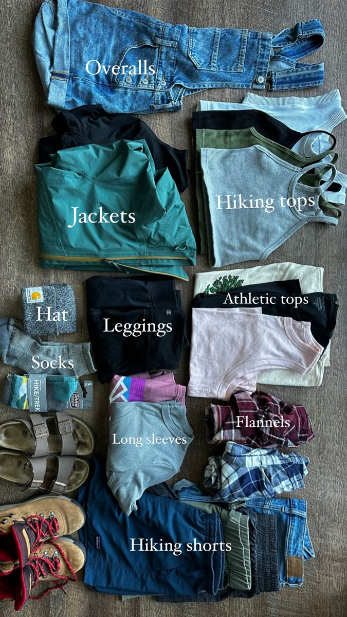 an assortment of clothing and shoes that are labeled in the words, which include jeans, shorts