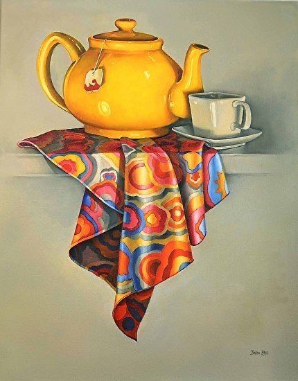 a painting of a yellow teapot on a table with a cup and saucer