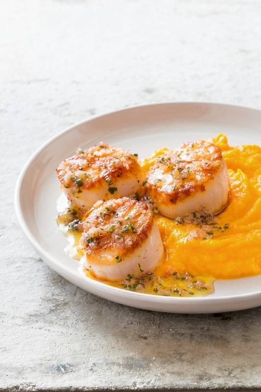 seared scallops and mashed potatoes on a white plate with orange sauce