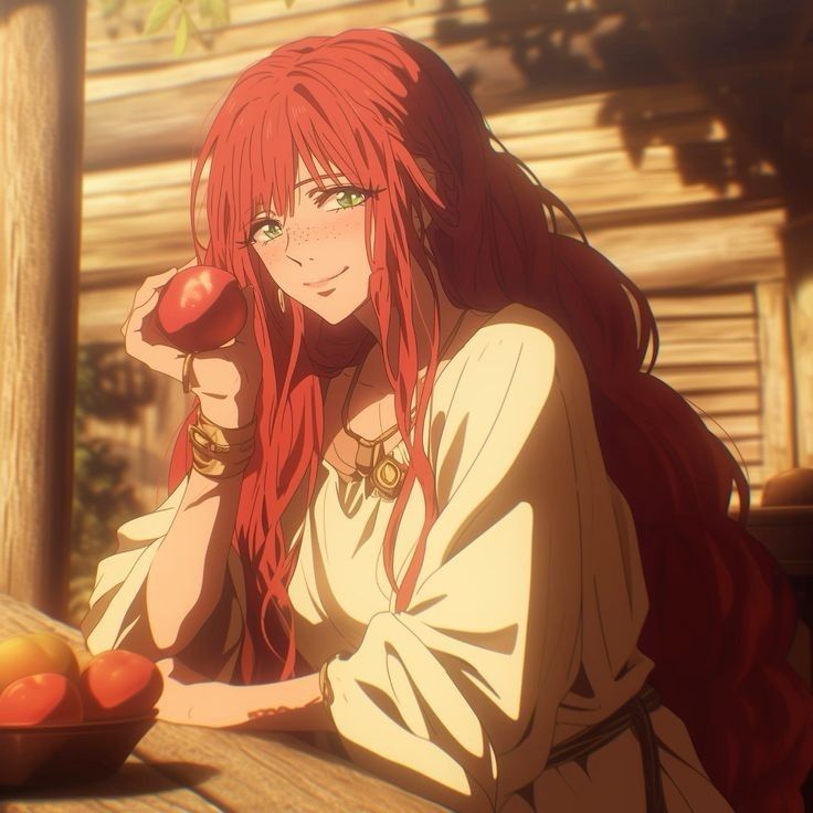 a woman with red hair sitting at a table in front of an apple and oranges