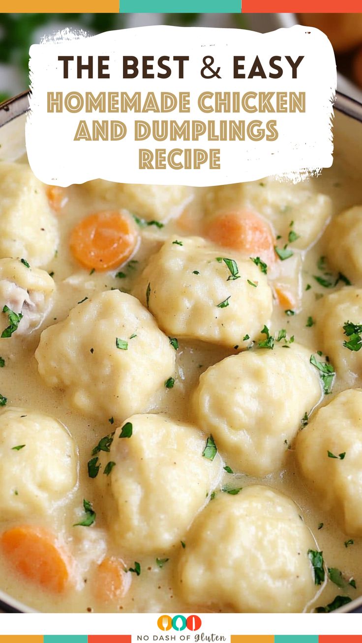 the best and easy homemade chicken and dumplings recipe in a bowl with text overlay