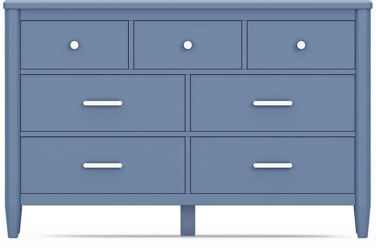 a blue dresser with six drawers and two doors on each side, in front of a white background