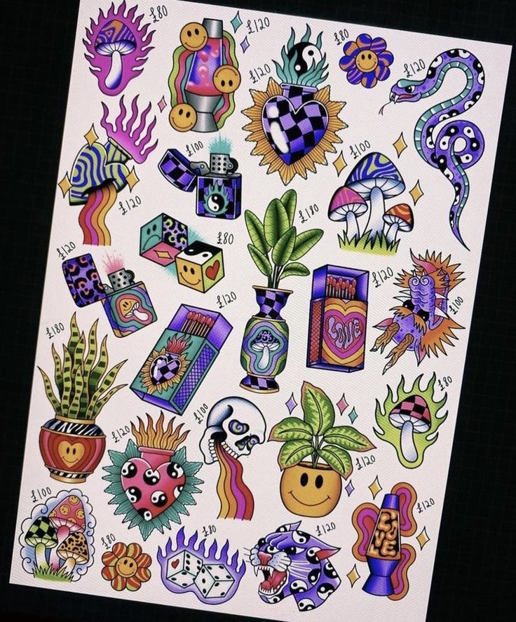 an image of tattoos on the back of a sheet of paper with different designs and colors