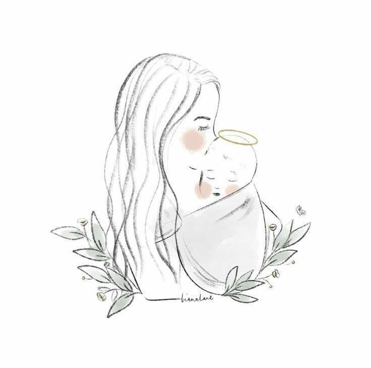 a drawing of a woman holding a baby in her arms with leaves around her neck